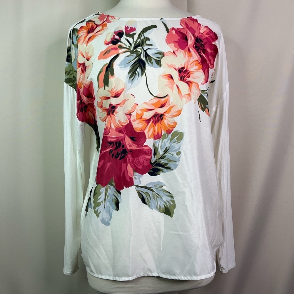 Chico's Size 2 L 14 16 Top Floral Blouse with‎ Pink and Orange Accents